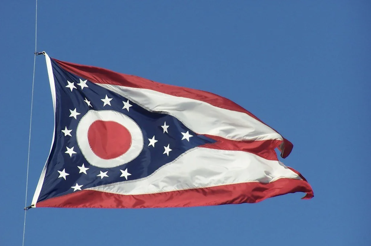 Ohio's state flag flying.